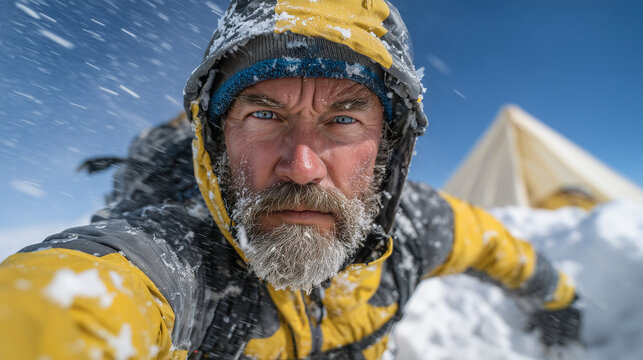 Wide-angle shot of a rugged mountaineer reaching down with determination, frost clinging to his beard and jacket, sturdy tent anchored with ice axes behind him, endless white glaci