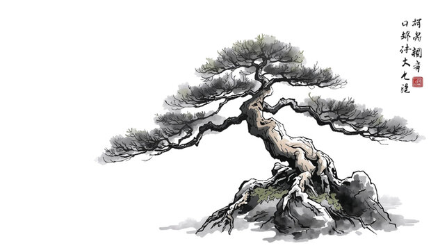 Bonsai Tree Traditional Japanese Ink Wash Painting Illustration with Ancient Branches and Rocks