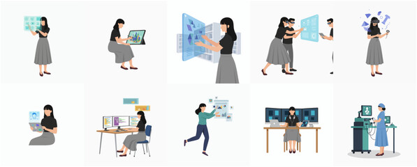 Minimalist Flat Style Woman Character in Various Working Scenarios Set Illustration
