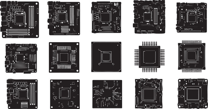 Set of 12 microchips and circuit boards detailed electronic components vector illustration flat design