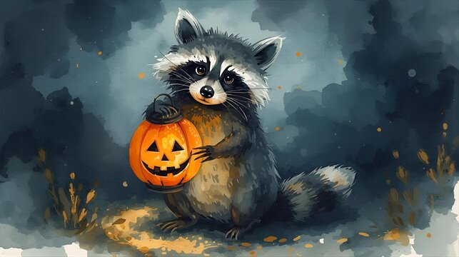 The picture shows a raccoon holding a Halloween pumpkin.