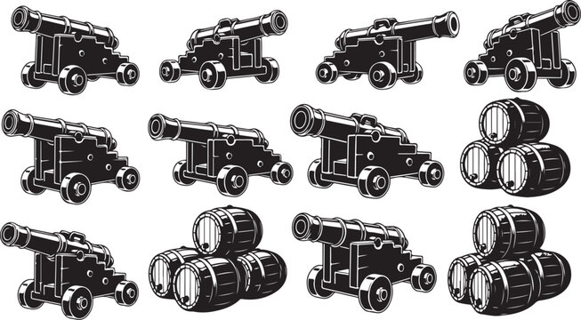 Set of vintage cannons and barrels vector illustration, black and white flat design artillery collection, scalable military weapon graphics
