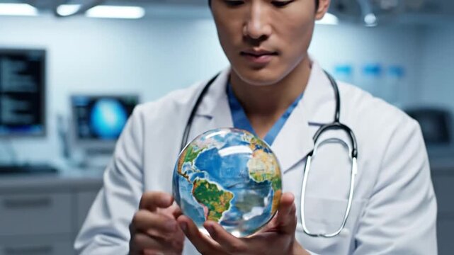 Male doctor holding a small globe in a medical office
