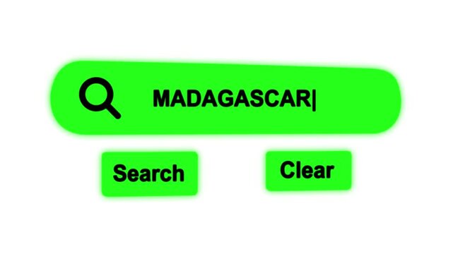 A bright search bar concept with the word MADAGASCAR typed inside and a magnifying glass on the left side with search and clear buttons below on a white background.