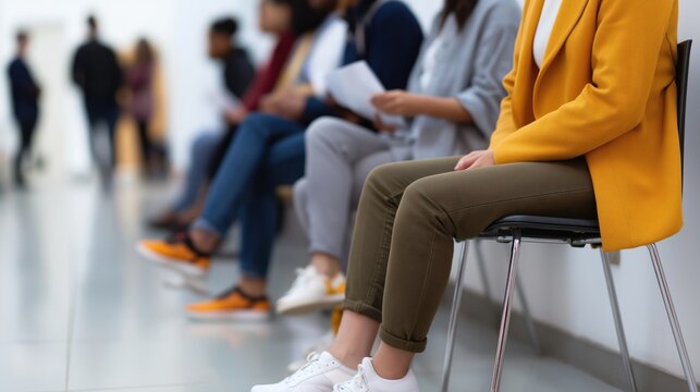 Young woman sitting in waiting room with others on low chairs  