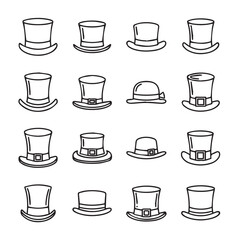 Obraz premium Collection of Top Hats and Bowler Hats in Black Outline Style Isolated on White