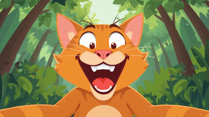 Vector illustration of a Orange Cat taking a selfie in forest. © Pemuda