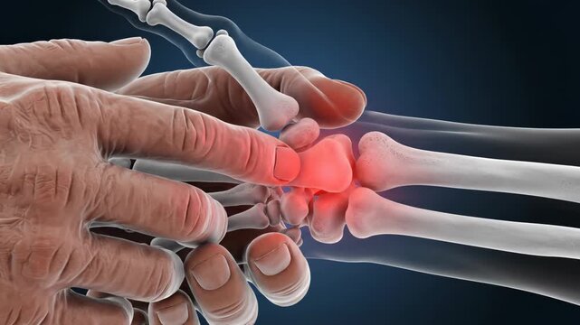 A illustrating a painful hand with inflamed joints and bones