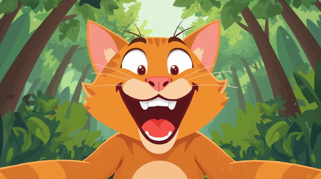Vector illustration of a Orange Cat taking a selfie in forest.