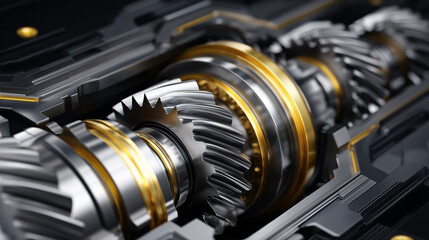 Fototapeta premium Detailed close-up of mechanical gearbox assembly, interlocking gears with polished steel and brass surfaces, soft reflections on edges, dark matte background providing contrast, te