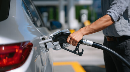 Close-up of a manâs hand holding a fuel pump nozzle, inserting it into the silver carâs fuel tank, sunlight reflecting off the polished metallic surface, industrial gas station bac