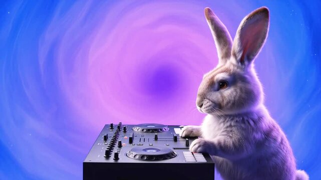Cute rabbit dj playing music on a professional mixer console in a cosmic space background