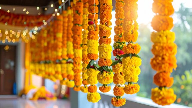 Bright yellow and orange marigold flower garlands for Diwali or wedding decoration at a home entrance with lens flare