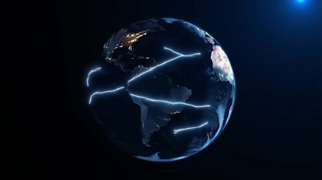 A digital animation shows Earth from space, gradually illuminating with lightning bolts crossing continents, highlighting continents in Africa and Europe, against a dark backdrop.