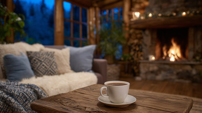 Wide-angle shot of a snug living room at night, glowing fireplace illuminating a rustic wooden coffee table with hot coffee, sofa draped with soft blanket and cushions, warm ambien