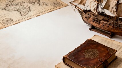 Model ship map and book on table