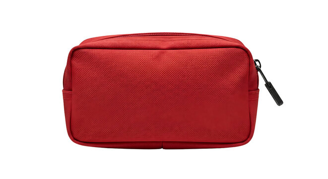 Red fabric travel pouch with zipper on transparent background