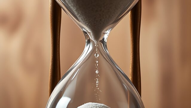 infamy. Final grain of sand falling through hourglass center, soft wooden background, dramatic lighting. wellbeing guides.