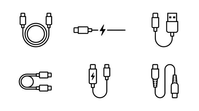 collection of charging cable usbc, minimal thin icon vector set , white background , PNG and SVG isolate