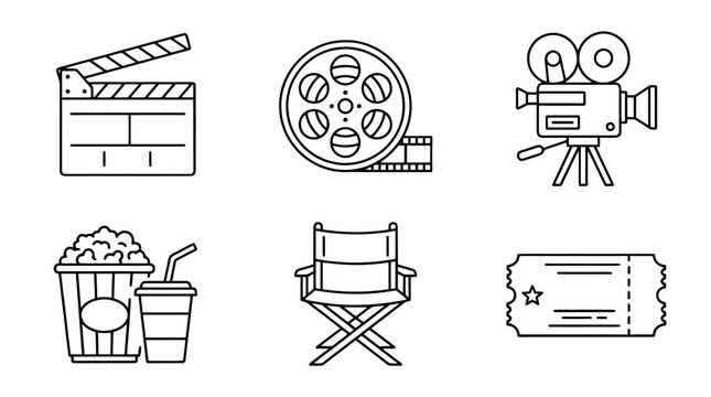 collection of cinema, minimal thin icon vector set , white background , PNG and SVG isolate
