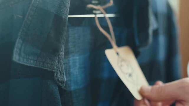 Paper tag on organic cotton clothing showing natural material label.