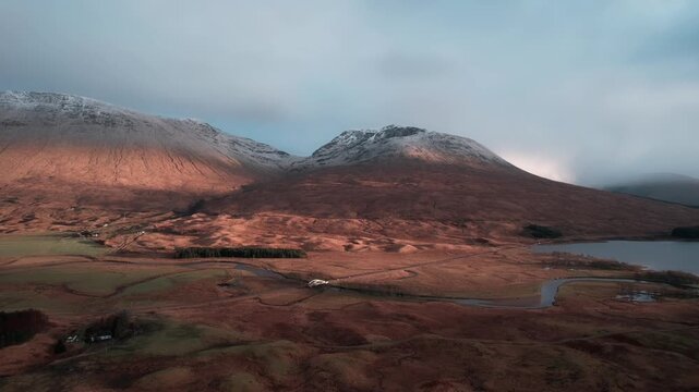 This aerial video captures the dramatic landscape of Glen Coe in the Scottish Highlands