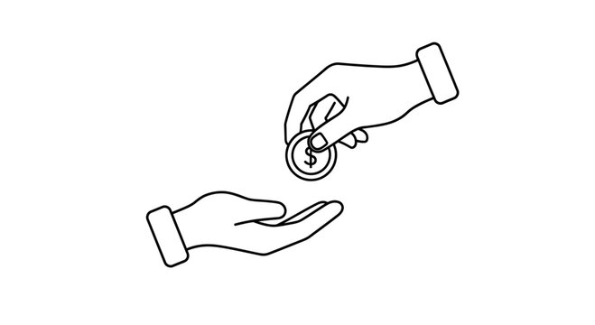 Hands exchanging a dollar coin.