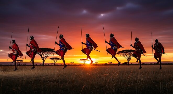 Dancers perform traditional jumps against a dramatic sunset savanna.