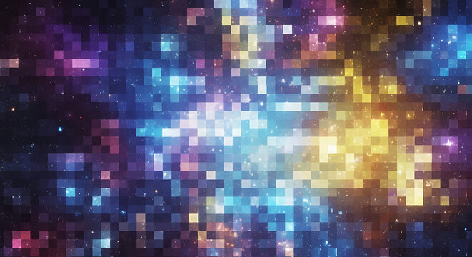 Vibrant pixel art galaxy cluster explosion viewed from a distant cosmic perspective showcasing stars, energy, light, space, and pixels
