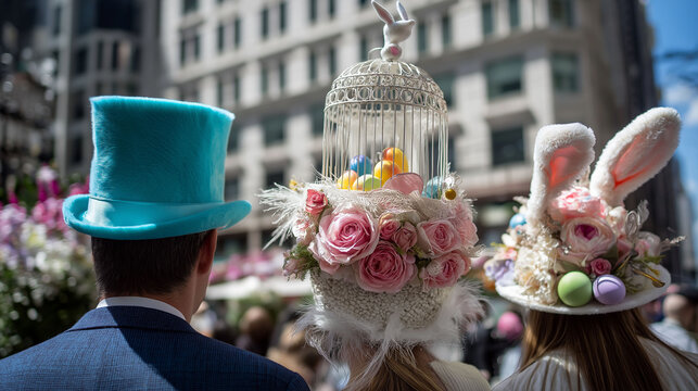 Celebracion de pascua, personas con sombreros extravagantes de conejo, galera con flores y jaula con huevos coloridos