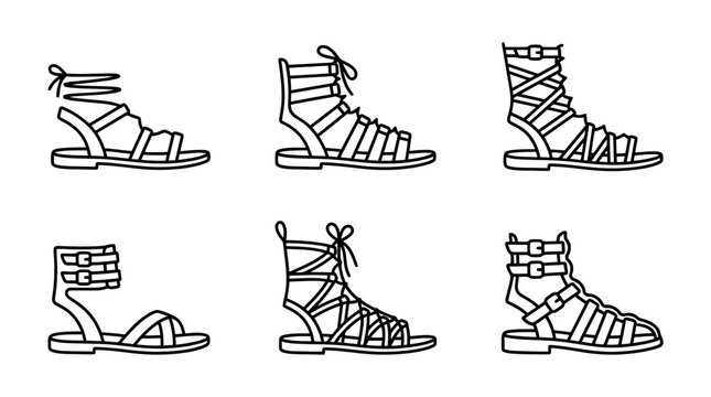 collection of gladiator sandals, minimal thin icon vector set , white background , PNG and SVG isolate