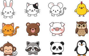 Obraz premium Cute animal cartoon icon set rabbit cat mouse chick tiger bear pig owl monkey raccoon panda penguin vector illustration