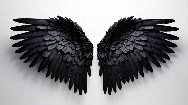Large pair of black feathered wings spread wide against a minimalist white background for concept art