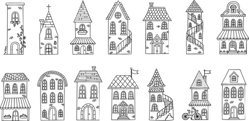 Fototapeta premium Hand Drawn Cute European Town Houses Vector Set with Vintage Buildings, Small Street Homes, Architectural Facades, and Charming Old City Illustration
