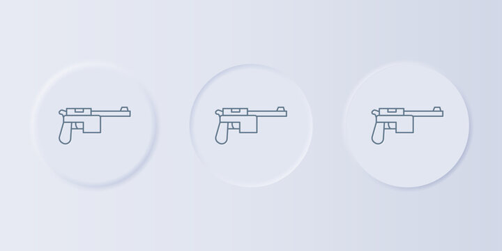 Grey Mauser gun icon isolated on grey background. Mauser C96 is a semi-automatic pistol. Set icons in square buttons. Vector