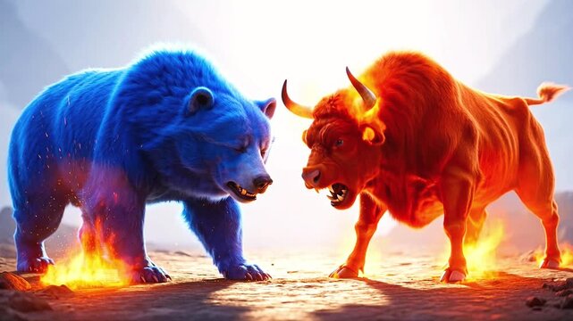 Blue bear and orange bull facing off in a financial market concept