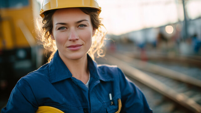 Golden hour scene of female railway worker on train tracks, sunlight reflecting off steel rails, holding yellow hard hat, blue uniform highlighted, industrial locomotives and infra