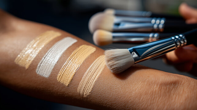 Side-angle shot of female forearm with blended liquid foundation swatches, professional makeup brushes slightly blurred behind, soft lighting accentuating skin texture, cosmetics a