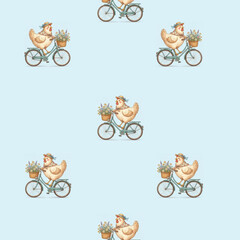 Estores personalizados con tu foto Cute Chicken Riding Bicycle with Flower Basket Seamless Pattern on Blue Background