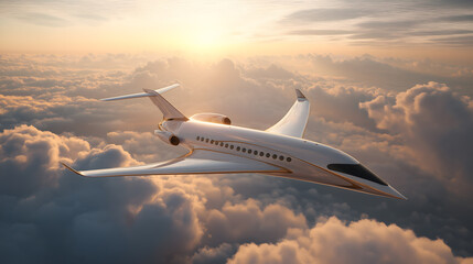 Fototapeta premium A luxurious private jet soars through the clouds during a breathtaking sunset