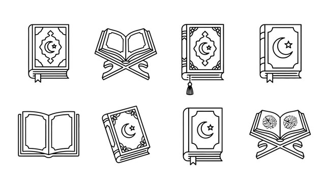 collection of quran book, minimal thin icon vector set , white background , PNG and SVG isolate