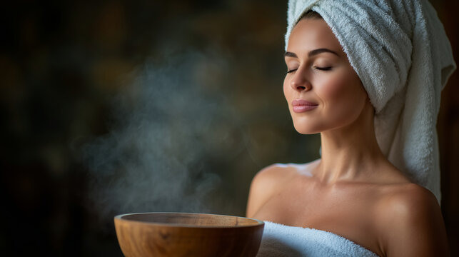 Side-profile close-up of woman inhaling steam from wooden bowl, towel covering hair, glowing skin illuminated by ambient light, spa accessories blurred behind, aromatherapy and fac