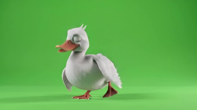 Animated duck greenscreen character walking in a 3D rendered scene with studio lighting and a single viewpoint