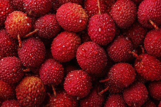 A close-up view of a vibrant pile of ripe, red lychee fruits with textured skins and water droplets