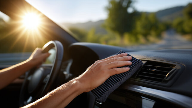 Golden hour lighting streaming through car window, hands carefully changing cabin air filter inside glove box, dashboard and steering wheel softly blurred, professional auto mainte