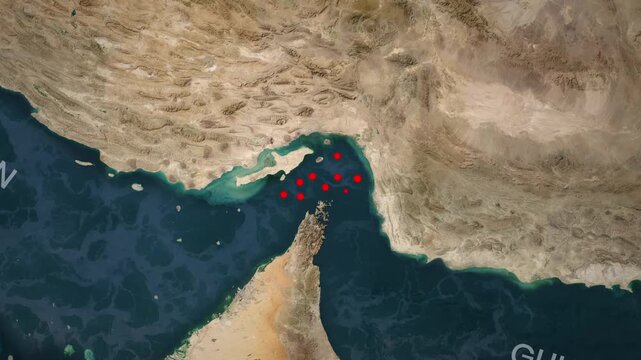 Satellite map of the Strait of Hormuz showing numerous Marine mines