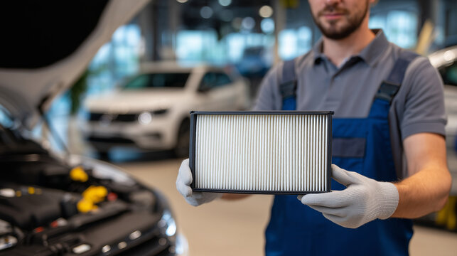 Medium cinematic shot of mechanic&acirc;s hands holding pleated cabin air filter, glove box open with small tools and car manual visible, interior dashboard softly blurred, automotive se