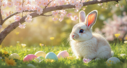 Coniglietto bianco tra uova pasquali colorate. Generative AI 