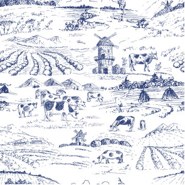 Fields, mills, herds of cows in the rural landscapes blue toile pattern for rustic textile, wallpaper design.