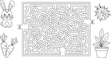 A black and white maze with potted plants on the sides and a large central puzzle